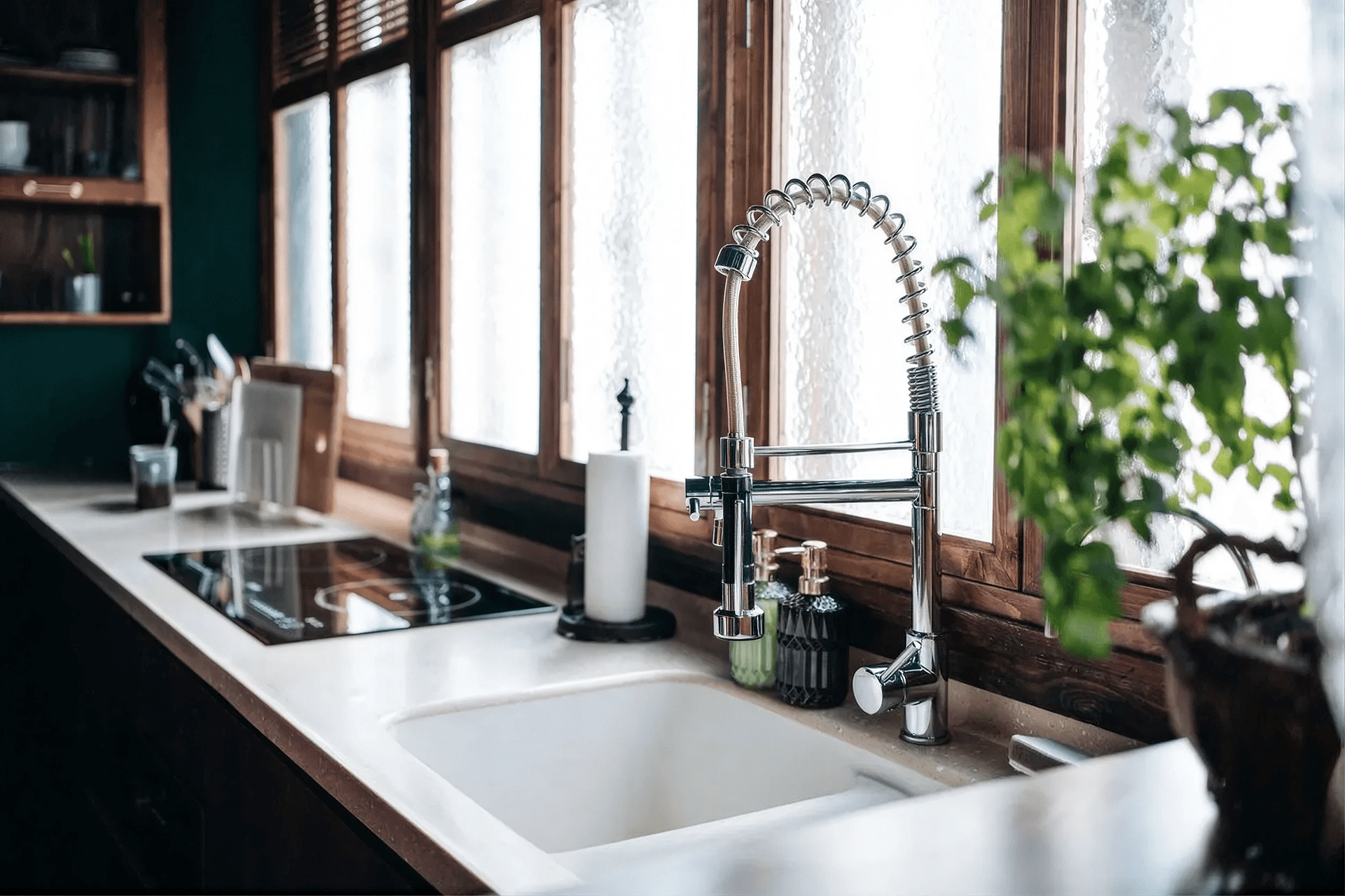 Modern kitchen with a deep farmhouse sink, high-arc pull-down faucet, large windows, and bright natural light, creating a clean and functional space.