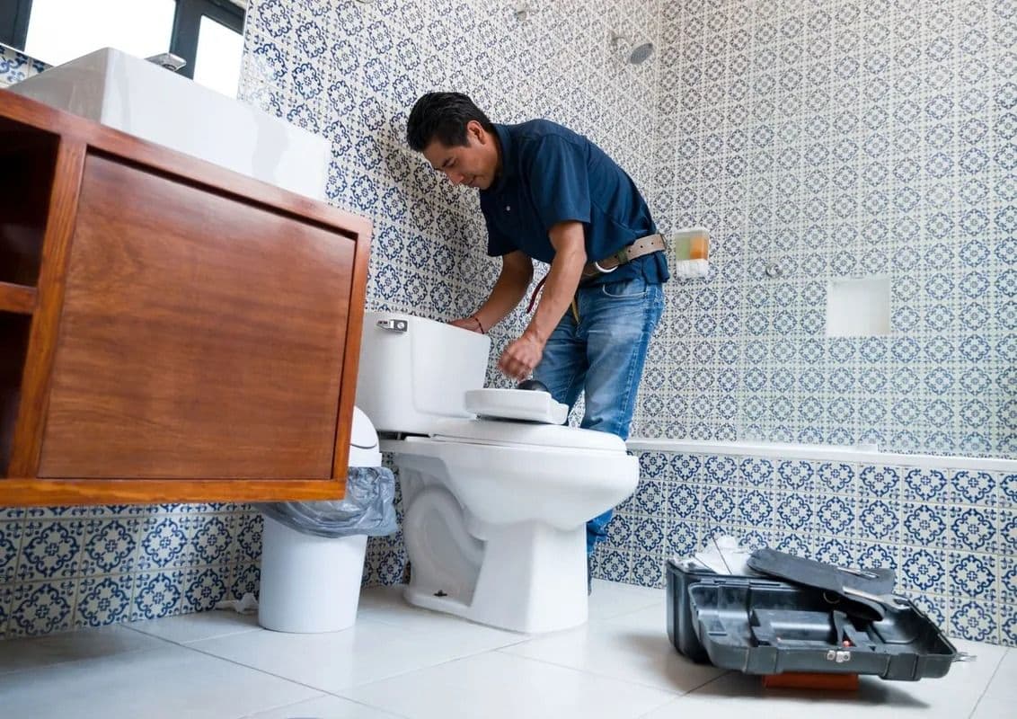 Plumber working on toilet