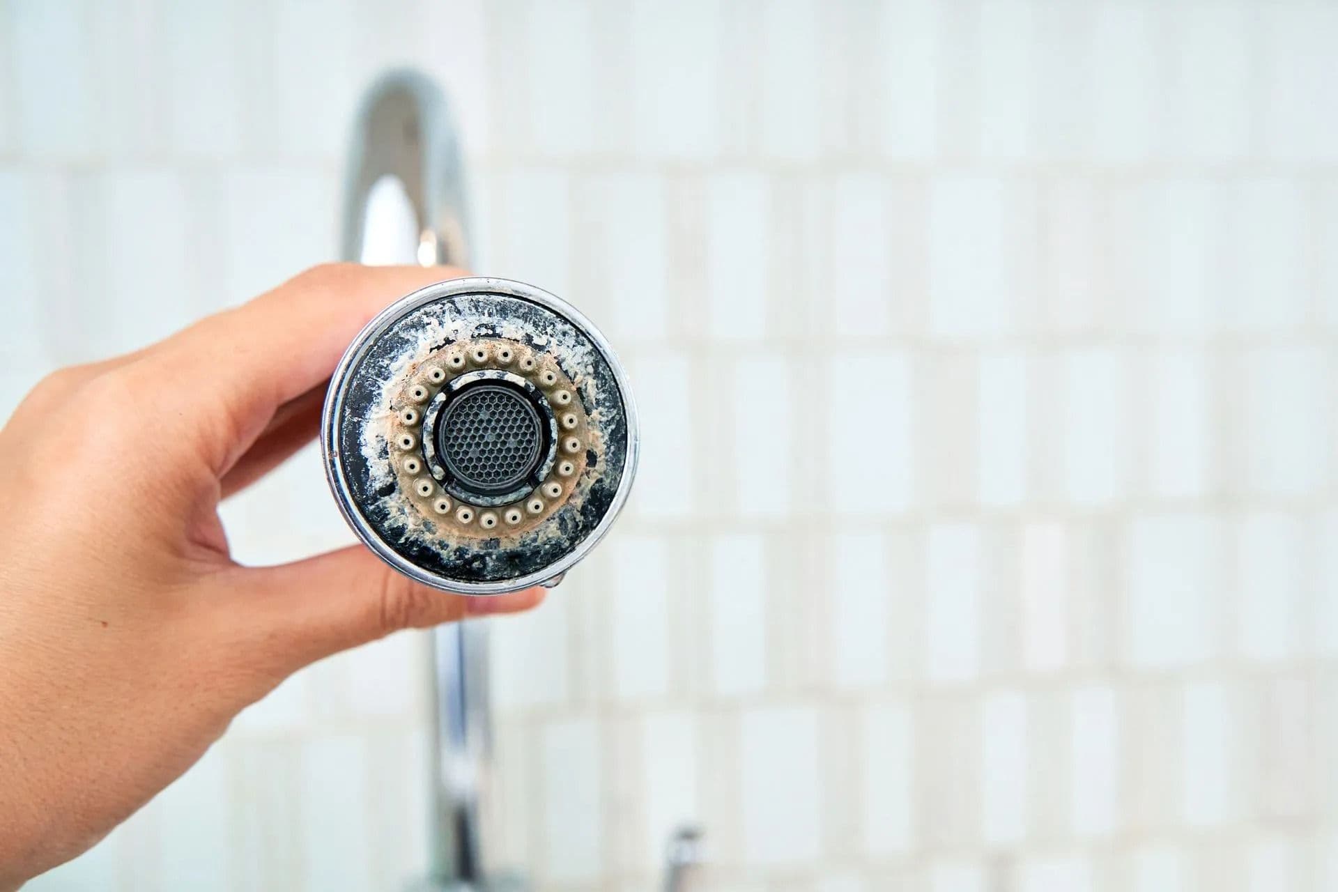 Hand holding an old, calcified showerhead against a tiled bathroom wall. The showerhead shows visible mineral deposits and wear.