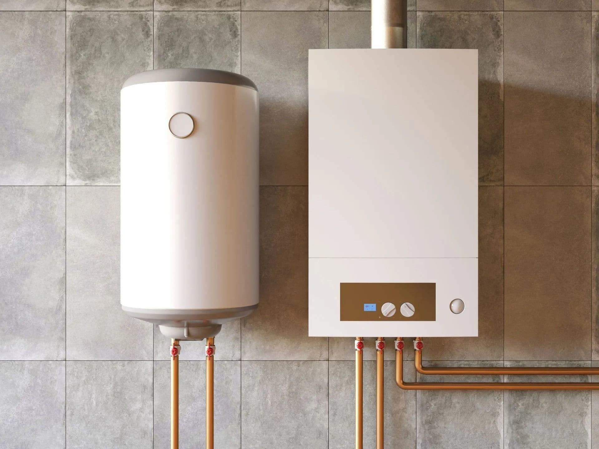 Wall-mounted tank water heater and high-efficiency boiler installed side by side on a tiled utility room wall, with exposed copper piping and control panel showcasing a clean, modern residential plumbing and hot water heating system.
