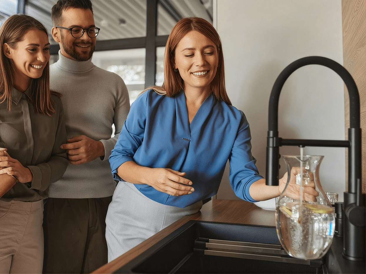Homeowner demonstrating a modern kitchen water filtration system while showing a pitcher of clean, filtered drinking water to a couple in a contemporary kitchen.