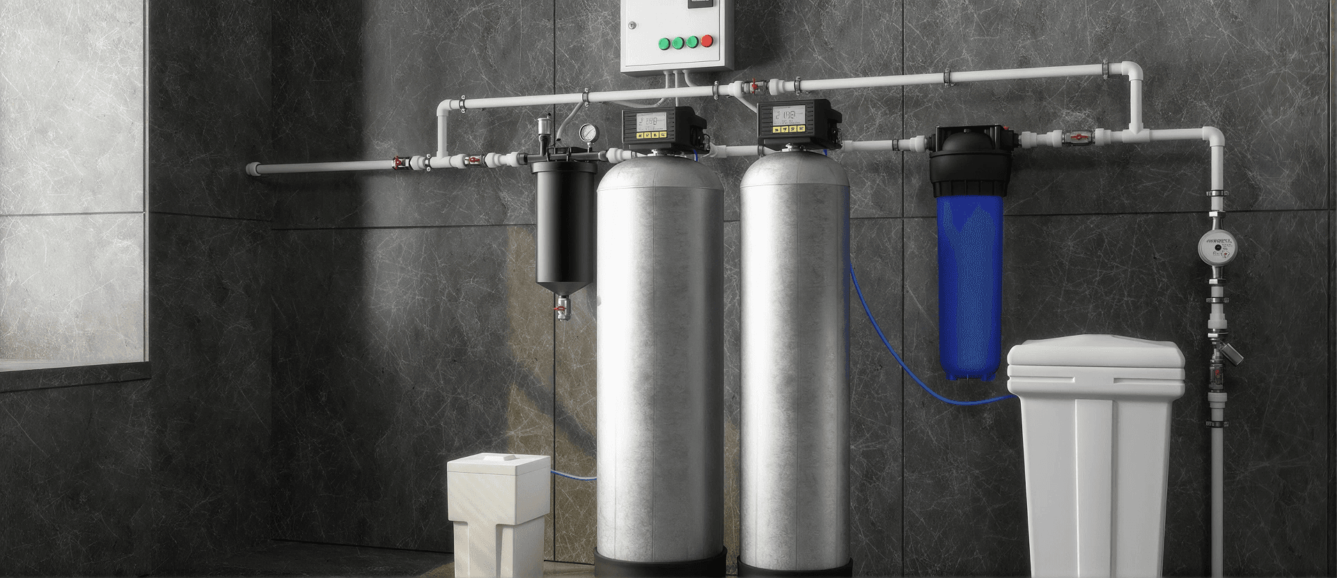 Whole-home water filtration system with dual treatment tanks, sediment filter, and control valves professionally installed to provide clean, filtered water throughout the home.