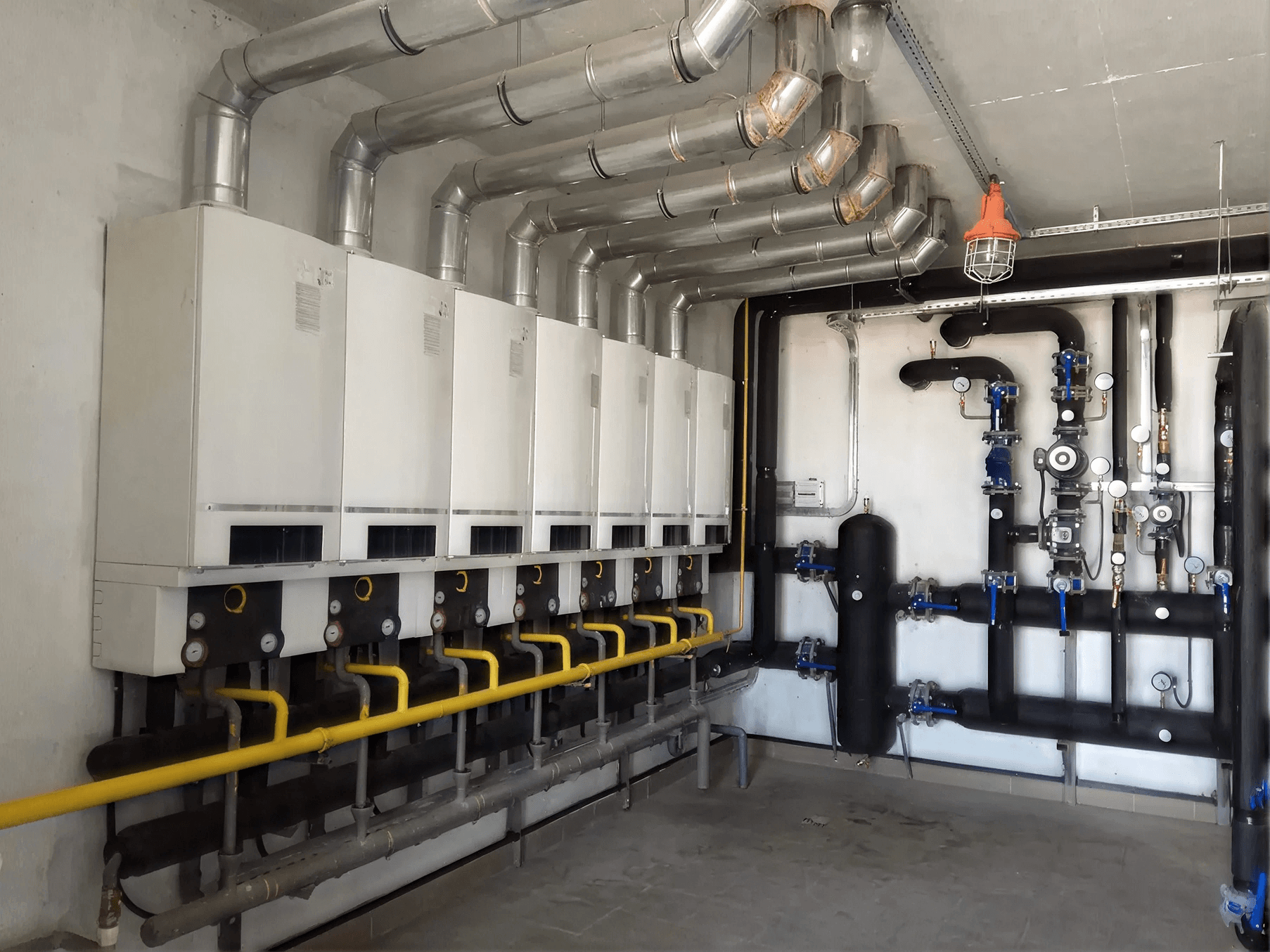 Commercial boiler room with multiple high-efficiency boilers, industrial piping, and mechanical equipment providing centralized hot water and heating for a large building.